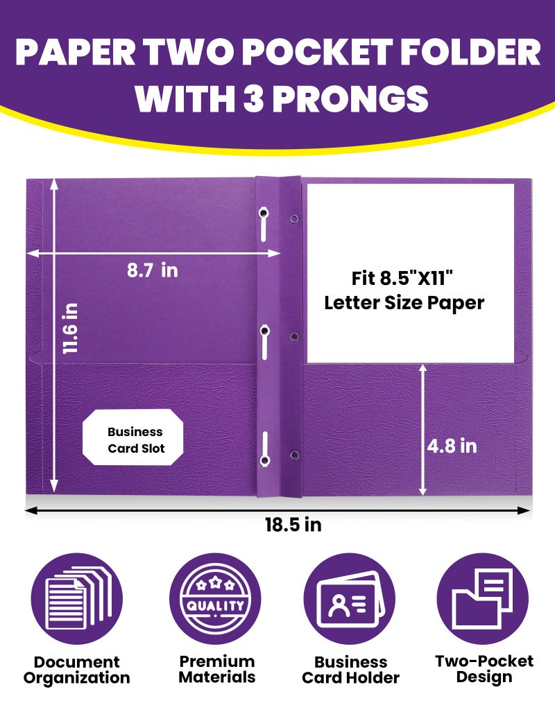 ساني مجلدات SUNEE ذات جيبين ومشابك (عبوة من 25 مجلدًا، لون بنفسجي)، مجلدات ورقية بجيبين و3 مشابك تناسب ورق بحجم الرسائل، مجلدات بمشابك للمدرسة والمكتب والمنزل والأعمال - Image 2